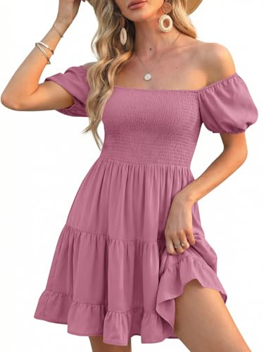 Image of Veatzaer Women's Puff Sleeve Square Neck Smocked Babydoll Dress Boho Floral Print Off Shoulder Ruffle Mini Short Dress