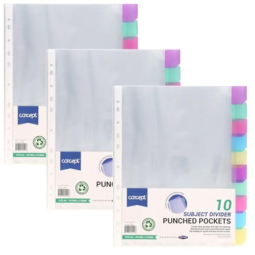 A4 Punched Pocket with Tabbed Dividers Clear Plastic Punched Punch Pockets File Binder Pockets Folder Sleeves (Pack of 30)