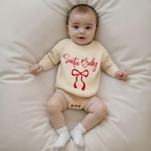 Newborn Baby Girl Christmas Sweater Santa Baby Bow Embroidery Knit Romper Jumpsuit Bodysuit Fall Winter Clothes2