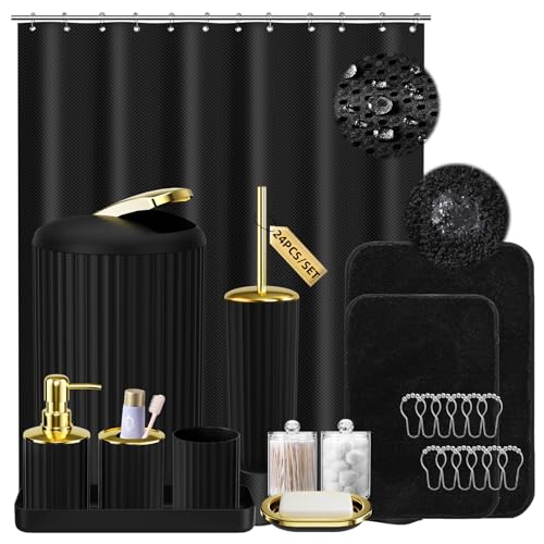 Black and Gold Bathroom Set with Shower Curtain and Rugs,