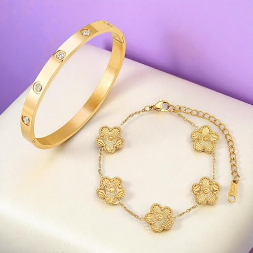 18K Gold Plated Clover Bracelet and Bangle Set for Women | Lucky Bracelet Flower Link Adjustable Chain & Crystal Cuff | Jewelry Gift Set For Woman3