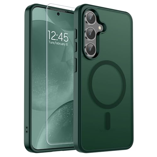 Image of SUPFINE Magnetic for Samsung Galaxy S24 Plus Case / S25 Plus Case with Screen Protector, (Built-in Magnets) (Military Grade Drop Protection) Slim Translucent Shockproof Phone Case,Forest Green