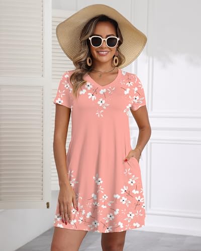 Image of COSSEN Women's Casual T Shirt Dress V-Neck Short Sleeves Swing Dresses Birthday Party Summer Travel Beach with Pocket