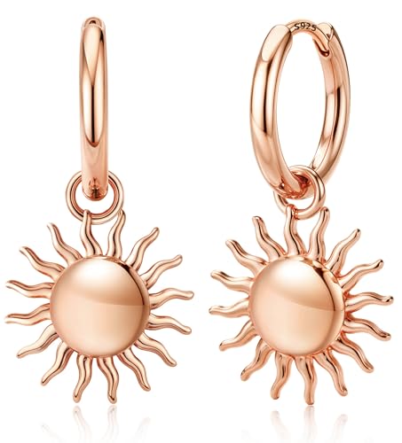 Image of FIOROYAL 925 Sterling Silver Sun Earrings 14K Gold Plated Dangle Hoop Huggie Earrings for Women Gold Sun Earring Hypoallergenic Lightweight Charm Hoop Earring for Women Jewellery RG