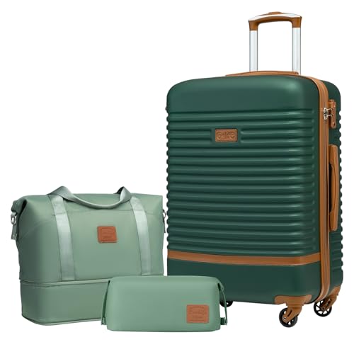 COOLIFE Suitcase Set 3PC - 24" Lightweight ABS Hard Shell Luggage + Travel Bag， Medium Suitcase with 360° Wheels, TSA Locks for Family Travel, Cruise & Long Trips Dark Green/Brown 24" Suitca
