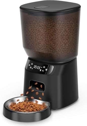 Futterautomat Katze, 4L Katzenfutter Automat mit Programmierbarem Timer und Edelstahlnapf, 1-6 Mahlzeiten pro Tag, Futterspender für Katzen/Hunde