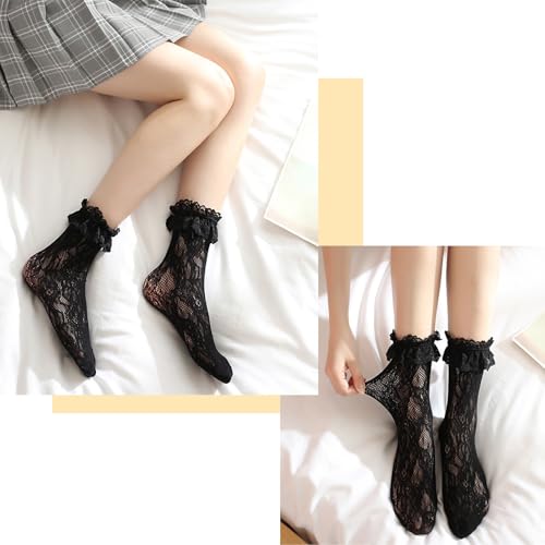 Image of Women Lace Ruffle Socks White Black Frilly Lolita Crew Dress Socks