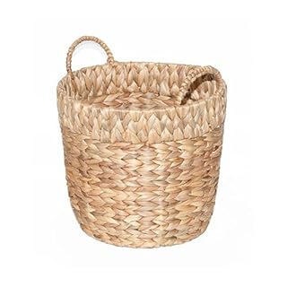 Wickerfield Water Hyacinth Woven Round Storage Laundry Basket Wicker Gift Hamper with Handle Large Home Blanket Bathroom Toy Organizer (Medium)