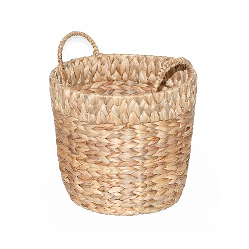Wickerfield Water Hyacinth Woven Round Storage Laundry Basket Wicker Gift Hamper with Handle Large Home Blanket Bathroom Toy Organizer (Medium)
