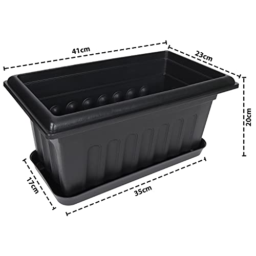 Livzing 16 Inch Plastic Rectangle Window Flower Pot with Drain Tray Set - Heavy Duty Highly Durable Plant Container Gamla for Indoor Home Decor & Outdoor Balcony Garden(Pack of 5, Black)