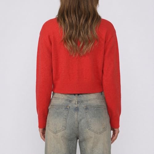 Image of Women Y2K Button Front Crop Sweater Cardigan Solid Color Crew Neck Long Sleeve Knit Fall Tops Streetwear