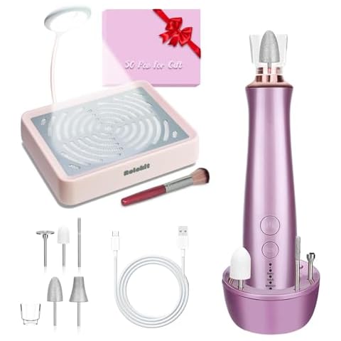 Nail Dust Collector with Lamp & Manicure Pedicure Kit with Charging Base, Cordless Electric Nail Drill Set with 5PCS Drill Bits for Thick Nail Acrylic Cover