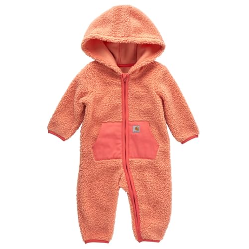 Image of Carhartt Kid's CM9736 Long-Sleeve Sherpa Zip-Front Hooded Coverall - Girls - 9 Months - Peach Amber