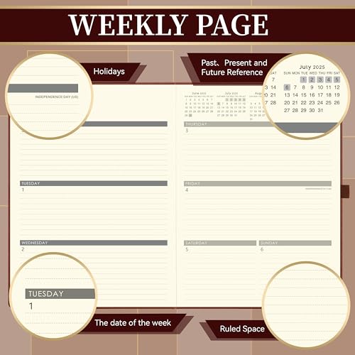 Vondafe 2025-2026 Leather Academic Planner, Weekly Monthly, Jul.2025 - Jun.2026, 9\" x 11\", Inner Pocket + Elastic Closure + Pen Loop + Bookmarks, Leather Hardcover - Brown - Thumbnail 3