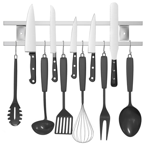 Newthinking Kitchen Magnetic Utensil Holder, 16 Inch Wall Utensil Knife Rack with 6 Hooks, Magnetic Double Rails Knife and Utensil Holder for Kitchen