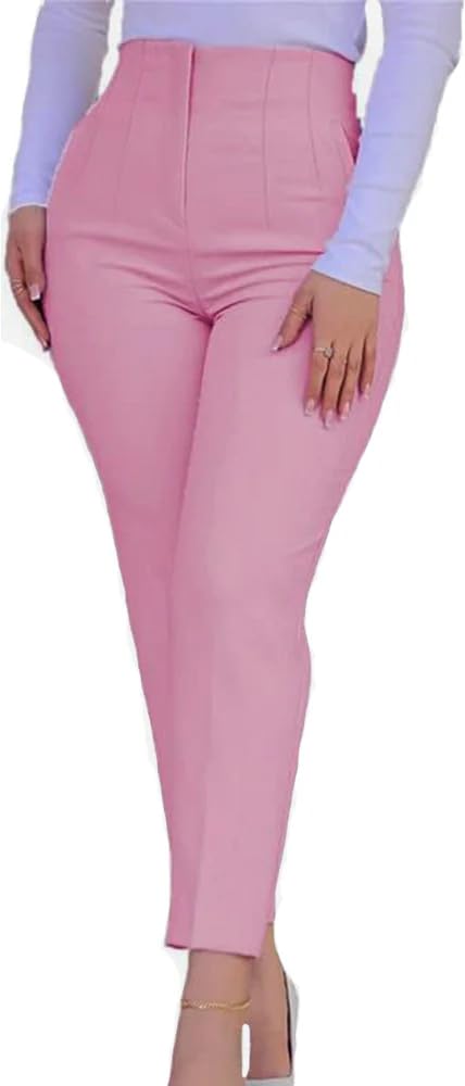 Womens Straight Leg Pants 2025 High Waisted Stretchy Business Casual Work Pants Dress Office Trousers with Pockets Pink