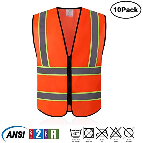 Tekware Safety Vest With High Reflective Strips, Pack Of 10 Bright Neon Color Construction Protector With Zipper, Orange, Size Xl #TOP1