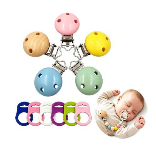 EAVUYIS Pack de 11 Chupetero de Madera y Adaptador de Silicona para Bebé, 5 Pinzas Sujeta Chupetes y 6 Anillos de Botón, Cadena Chupete Bebe, Accesorios para Chupetes, Regalo para Recién Nacido
