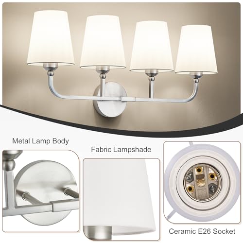 Image of Bathroom Vanity Light Brushed Nickel Bathroom Lighting Fixtures Over Mirror | 4-Light Bathroom Light Fixtures with Flared White Fabric Shade, E26 Socket (ETL Listed)