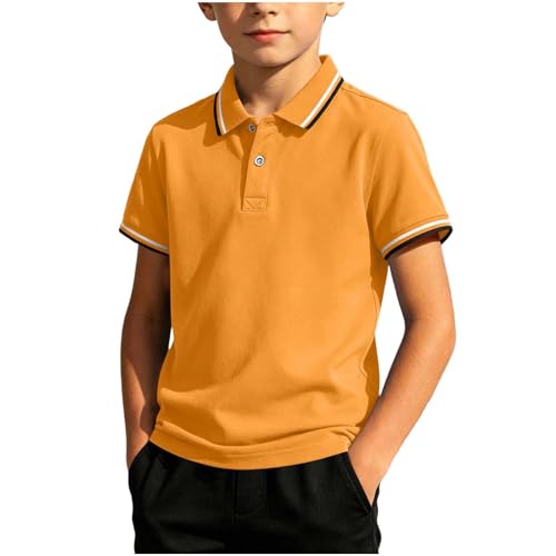 Kids School Uniform Shirts Boys Girls Short Sleeve Polo Shirts Summer Casual Lapel Button Blouse Tops 3-12 Years Orange