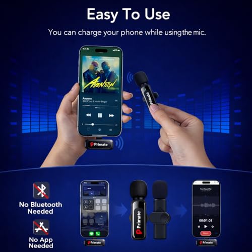 Image of Primate Wireless Lavalier Microphone with Type-C, ClipOn Mic for Android, iPhone, Tablets Noise Reduction, Real-Time Sync, Ideal for Vlogging, YouTube, Interviews, Live Streaming (SE81 2 mic)