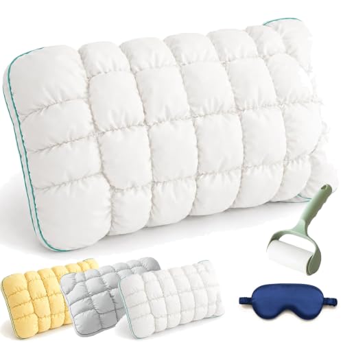 Cold Marshmallow Pillow, Marshmallow Puff Pillow Cooling for Adults, Quilted Cloud-Loft Design Puff Sleep Pillow, High-Resilience Neck Support, for Sleeping, Side and Back Sleepers (White, 1pcs)