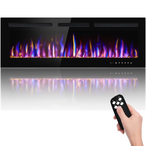 BETELNUT 50' Electric Fireplace Wall Mounted and Recessed with Remote Control, 750/1500W Ultra-Thin Wall Fireplace Heater W/Timer Adjustable Flame Color and Brightness, Log Set & Crystal Options