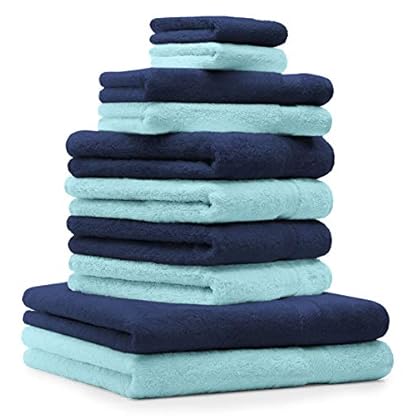 Betz 10 TLG. Handtuch Set Premium 100% Baumwolle 2 Duschtücher 4 Handtücher 2 Gästetücher 2 Waschhandschuhe Farbe Dunkel Blau & Türkis