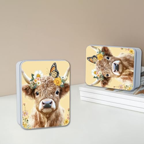 Image of Metal Tin Box with Lid for Game Cards Home Organizer Candles Keys Crafts Storage - Equipped with 4 Magnetic Cord Clips,Cute Cow Butterfly