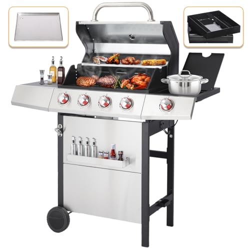 CIG GARDEN 4 Burner Gas Grill Combo with Side Burner, 3 in 1 Gas BBQ Grill with Charcoal Grill and