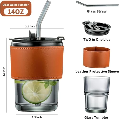 Image of Glass Mug with Bamboo Lid and Straw, 510ml, for Cold Drinks, Smoothies, Coffee(Pack of 1) (Personalized Glass Mug with Leather Sleeve)