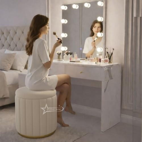 Image of Round Strip Stool with Cushion Foot Rest Office Stool Pouf Ottoman Padded Seat in Living Room - Cream