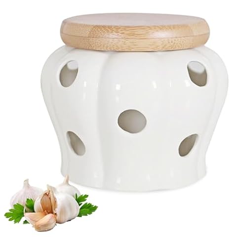 PRITOK Przechowywanie czosnku z pokrywką: Ø 13 cm, ceramiczne, ze zdejmowaną bambusową pokrywką, boczne otwory wentylacyjne, przechowywanie czosnku, dekoracja blatu kuchennego