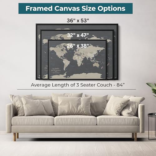 Image of Earth Tone World Map with Pins - Extra Large Personalized Canvas Push Pin Map - Framed World Travel Wall Decor - Natural Float Frame - 34 inch x 51 inch