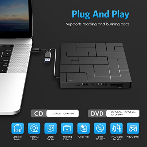 Criacr External Dvd Drive, Usb 3.0 Cd Dvd Burner For Laptop With 4 Usb Ports & 2 Sd Card Slots & 1 Type-C Ports, Cd/Dvd Rom +/-Rw Optical Disk Drive For Mac, Pc Windows 11/10/8/7 Linux Os #TOP1