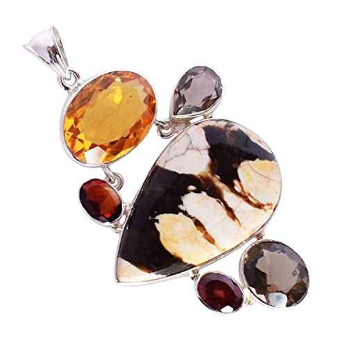 Collier en quartz fumé et grenat d'exception en argent 925