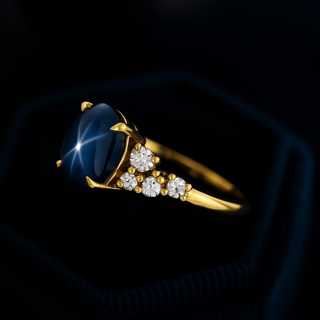Star Blue Sapphire Engagement Ring for Women in 14K Yellow Gold with Diamond Side Stones Statement Promise Ring Handmade Jewelry Gift for Wife