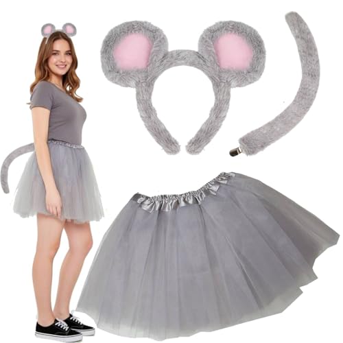 Kirei Sui Gray Mouse Costume for Women Rat Ears Headband Tail & Soft Lined Tutu Halloween Party Accessories