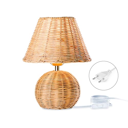 Tischlampe aus Bambus mit Stecker und Schalter Nachttischlampe Vintage E14 Tischleuchte Bambusweblaterne mit 1.5M Kabel Handgefertigte Gewebte Tischbeleuchtung für Schlafzimmer Wohnzimmer Kinderzimmer