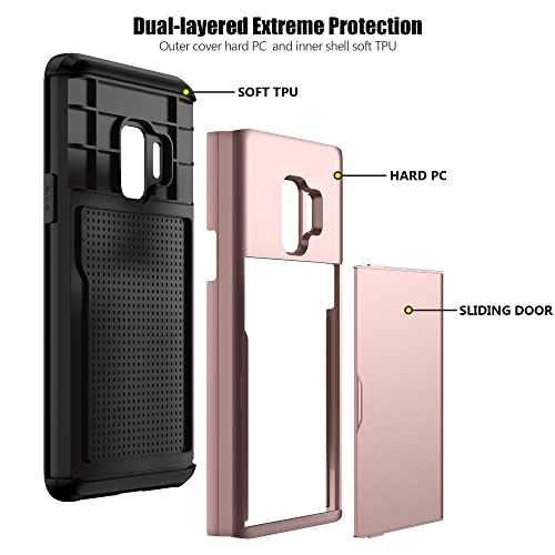 Nvollnoe For Samsung S9 Case With Card Holder 5.8 Inch Dual Layer Heavy Duty Protective Galaxy S9 Case Hidden Card Slot Slim Wallet Case For Samsung S9 For Women&Men(Rose Gold) #TOP2