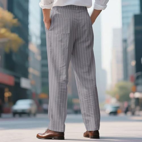 Mens Work Pants Business Trousers Striped Button Elastic Waist Lightweight Casual Relaxed Fit Yoga Beach Linen Pants3