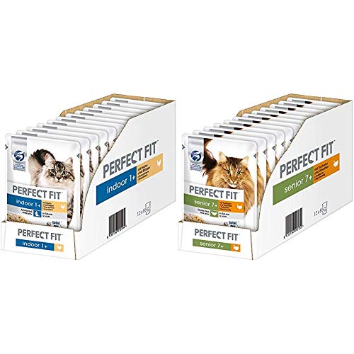 Indoor 1+ – Nassfutter für Erwachsene Hauskatzen ab 1 Jahr – Huhn und Erbsen in Sauce – 12 x 85 g & Katzenfutter Nassfutter Senior 7+ mit Truthahn & Karotten in Sauce, 12 Portionsbeutel