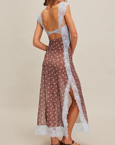 Image of Women Sexy Lace Patchwork Mesh Dress Floral Print Cutout Sweetheart Neck Backless Slit Summer Maxi Dress