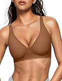 OEAK Womens Deep V Bras Wireless Comfortable Bra Supportive No Underwire Bras Tshirt Push Up Bralettes Plunge Seamless Bra Cinnamon L