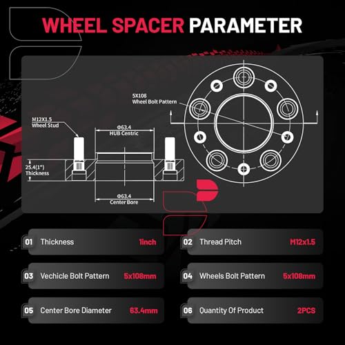 Image of BDFHYK 5x108mm Wheel Spacers 1 inch 5x4.25 Hubcentric Wheel Spacer Compatible with Ford Fusion Jaguar F-Type XKR XF XJ Lincoln Mercury Volvo, 5 Lug M12x1.5 & 63.4mm Hub Bore, Set of 2