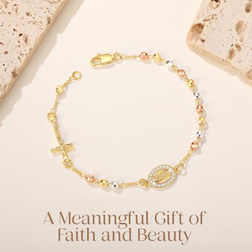 Catholic Crucifix Gifts Rosary Bracelet for Women-14K gold plated Virgin Mary Jesus Cross Charm Link Chain, Dainty Virgen de Guadalupe Religious Gift for Confirmation Baptism First Communion (14K Gold) by TERDENVOEN - Used condition - Image 6