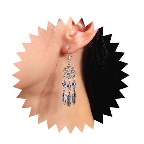 Inilbran Boho Pendientes Mal De Ojo Plata Atrapasueños Pendientes Colgantes Vintage Hoja Pluma Pendientes Azul Mal De Ojo Joyas Para Mujeres Y Niñas