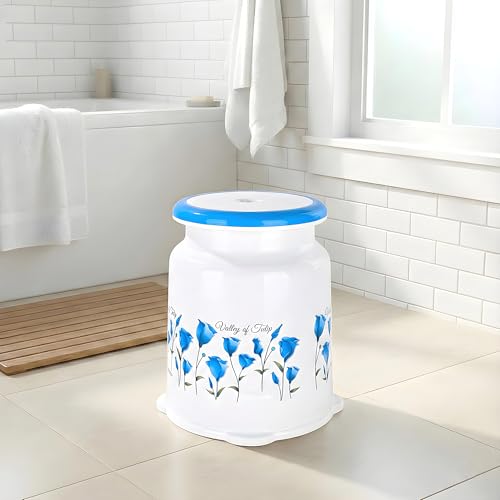 Image of Kuber Industries Strong Plastic Tulip Design Round Seating Stool for Home | Anti-Slip Stool for Adult & Senior Citizen-Friendly Design | White & Blue