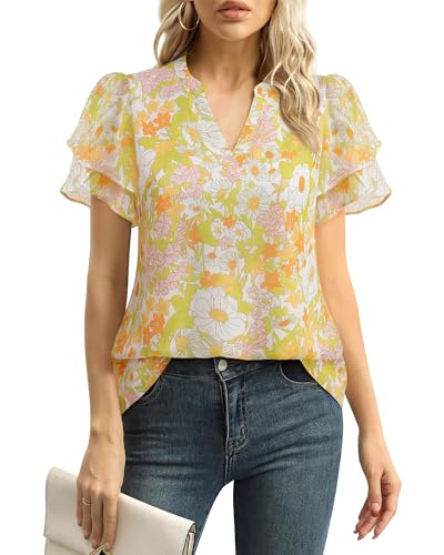Floral Tops for Women, Boho Tops for Women Summer 70s Outfits Flowy Dressy Chiffon Blouses V Neck Casual Short Sleeve Summer Blouses Trendy 2025