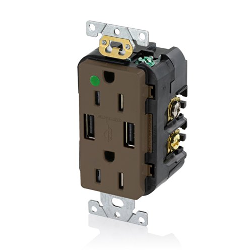 Leviton 15-Amp Hospital Grade USB Charger/Tamper-Resistant Duplex Receptacle, T5632-HG, Brown